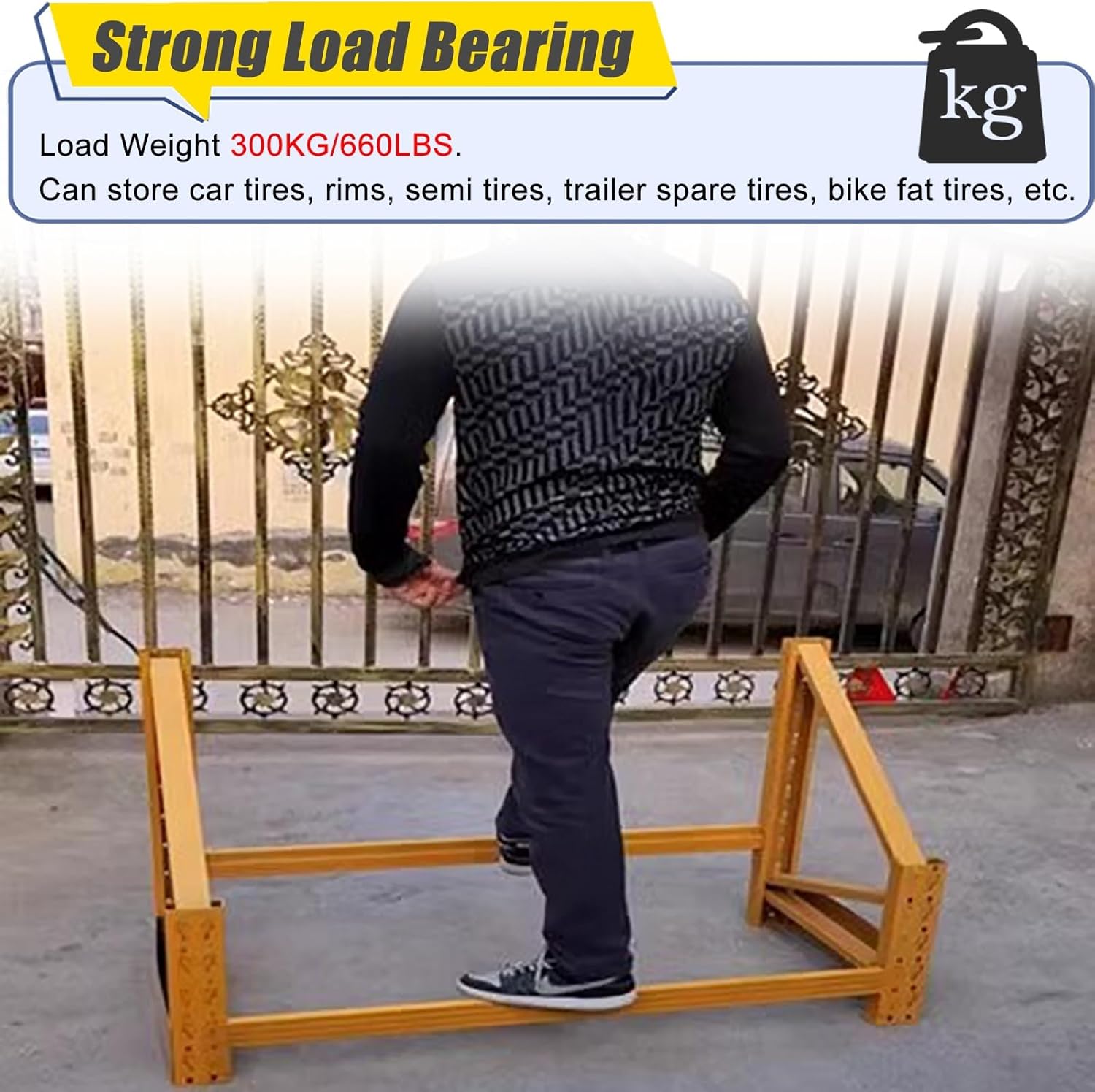 Tire Carrier Organizer Adjustable Garage Multi Tire Storage System Wall Mounted, Commercial Metal Tyre/Rims/Semi Tire Organizer Rack for Warehouse/Apartment/Retail Store,-Yellow 2 Tier-150x55x140