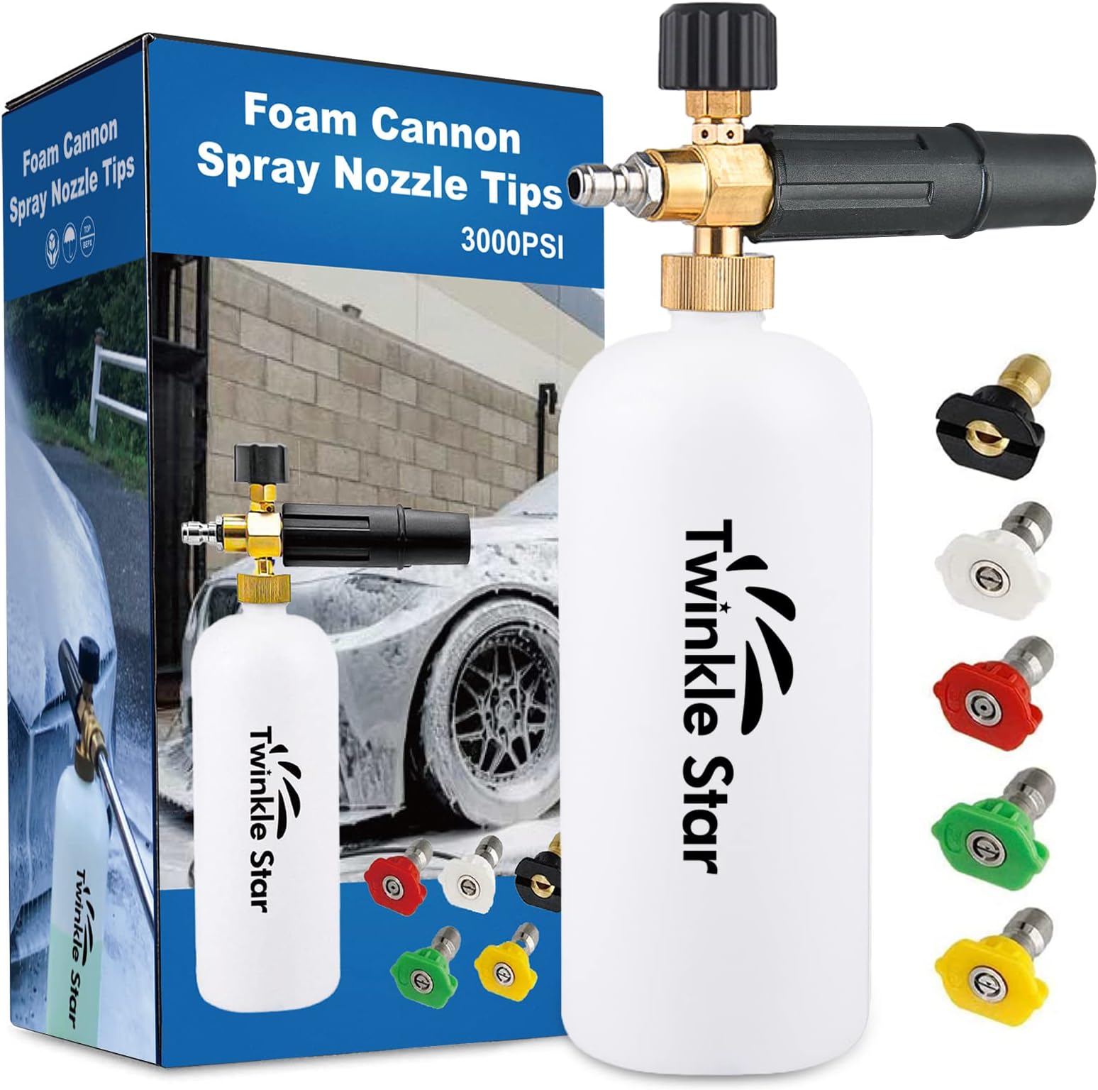 Twinkle Star Foam Cannon 1 L Bottle Snow Foam Lance With 1/4 Quick Connector, 5 Spray Nozzle Tips for Pressure Washer