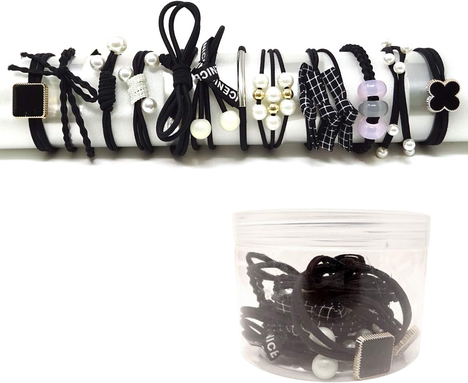 Honbay Fashion Hair Accessories 12PCS Korean Cute Elastic Hair Ties Pearl Hair Bands Bowknot Hair Ropes Ponytail Holders (Black)