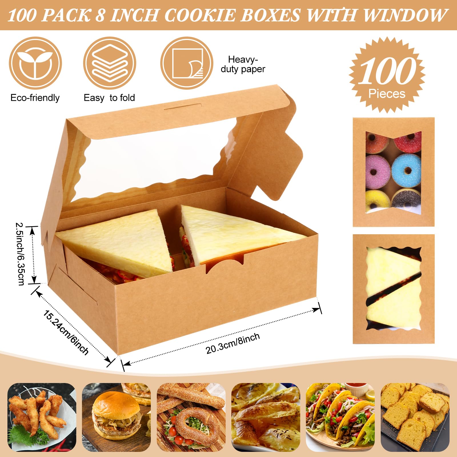 TaoBary 100 cajas de galletas de 8 pulgadas, cajas de panadería de 8 x 6 x 2.5 pulgadas, caja de papel desplegable automática con 2 ventanas de estilo para galletas, cajas de dulces para chocolate,