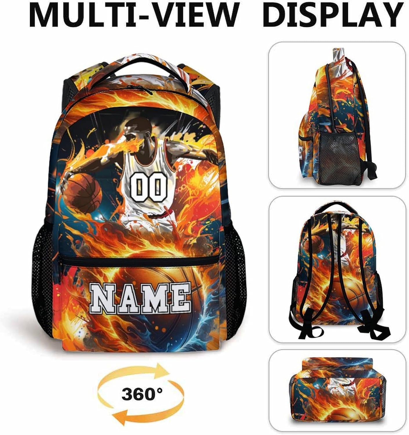 School Backpacks, Custom Kids Backpack, Personalized Name Basketball Bookbag for Students Boys, 17 Inch Large Capacity School Bag for Preschool Elementary Camping Hiking