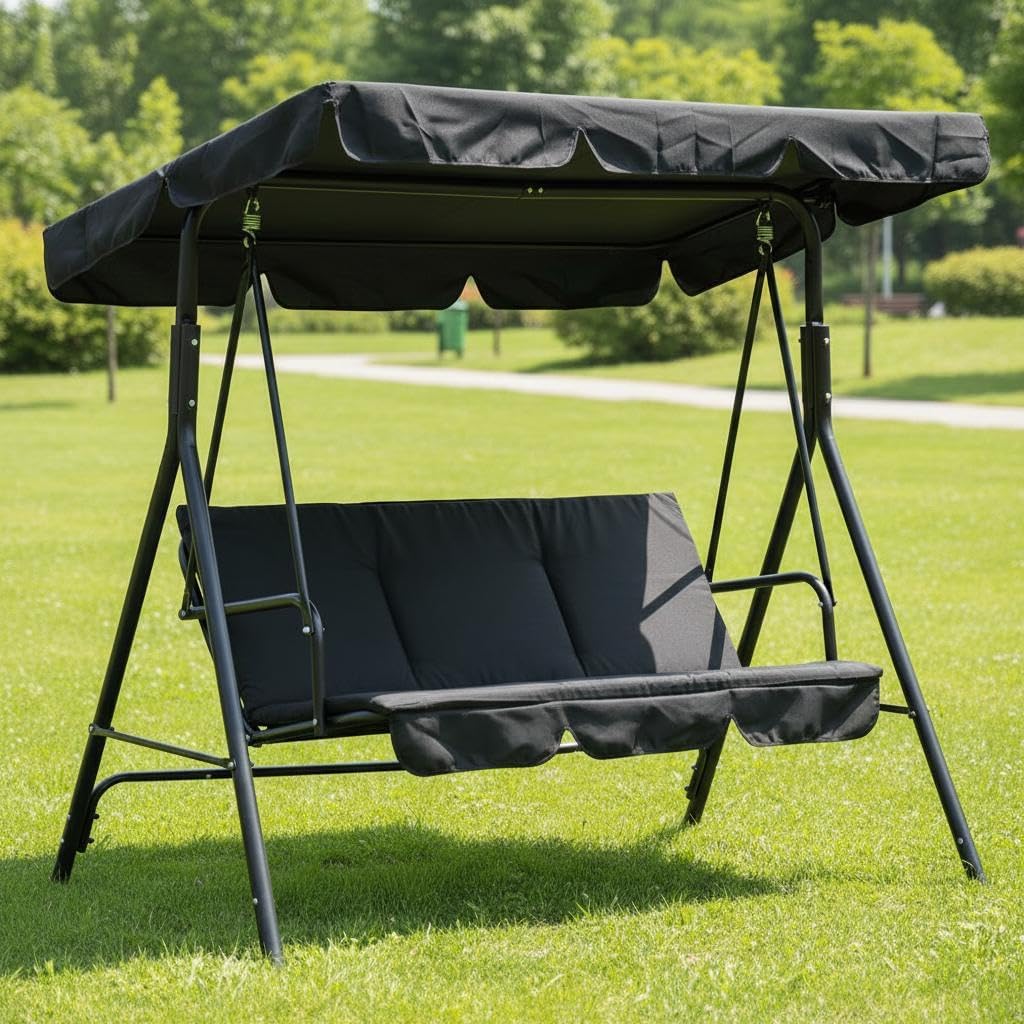 GarveeLife 3-Person Outdoor Porch Swing Chair with Adjustable Canopy, Breathable Fabric Seat and Backrest, Armrests, Heavy-Duty Frame, 600 lbs Capacity, for Patio, Backyard or Garden, Black image 4