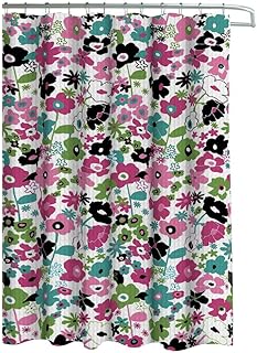 Creative Home Idea Oxford Weave Textured 13-Piece Shower Curtain with Metal Roller Hooks, Stencil Floral Pink/Black