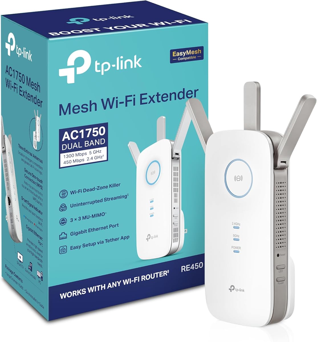 TP-Link AC1750 WiFi Extender (RE450), PCMag Editor's Choice, Up to 1750Mbps, Dual Band WiFi Repeater, Internet Booster, Extend WiFi Range Further