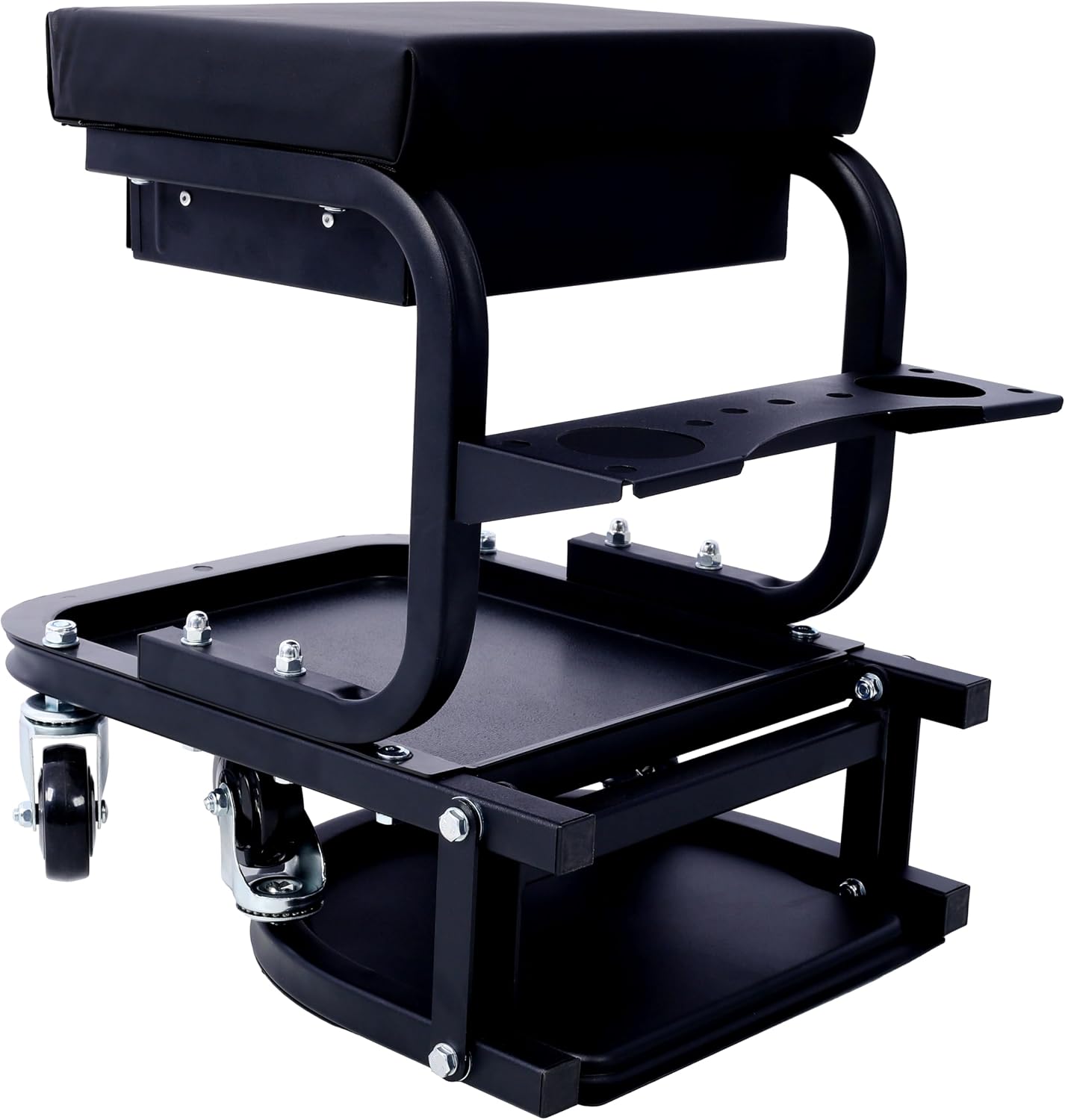 Rolling Creeper Seat Detailing Stool - Heavy Duty Mechanic Creeper Seat on Wheels with Tool Rack Storage | 300 Lbs Capacity Detailing Chair For Cars, Trucks, SUVs, RVs, Home, Garden, Garage Black