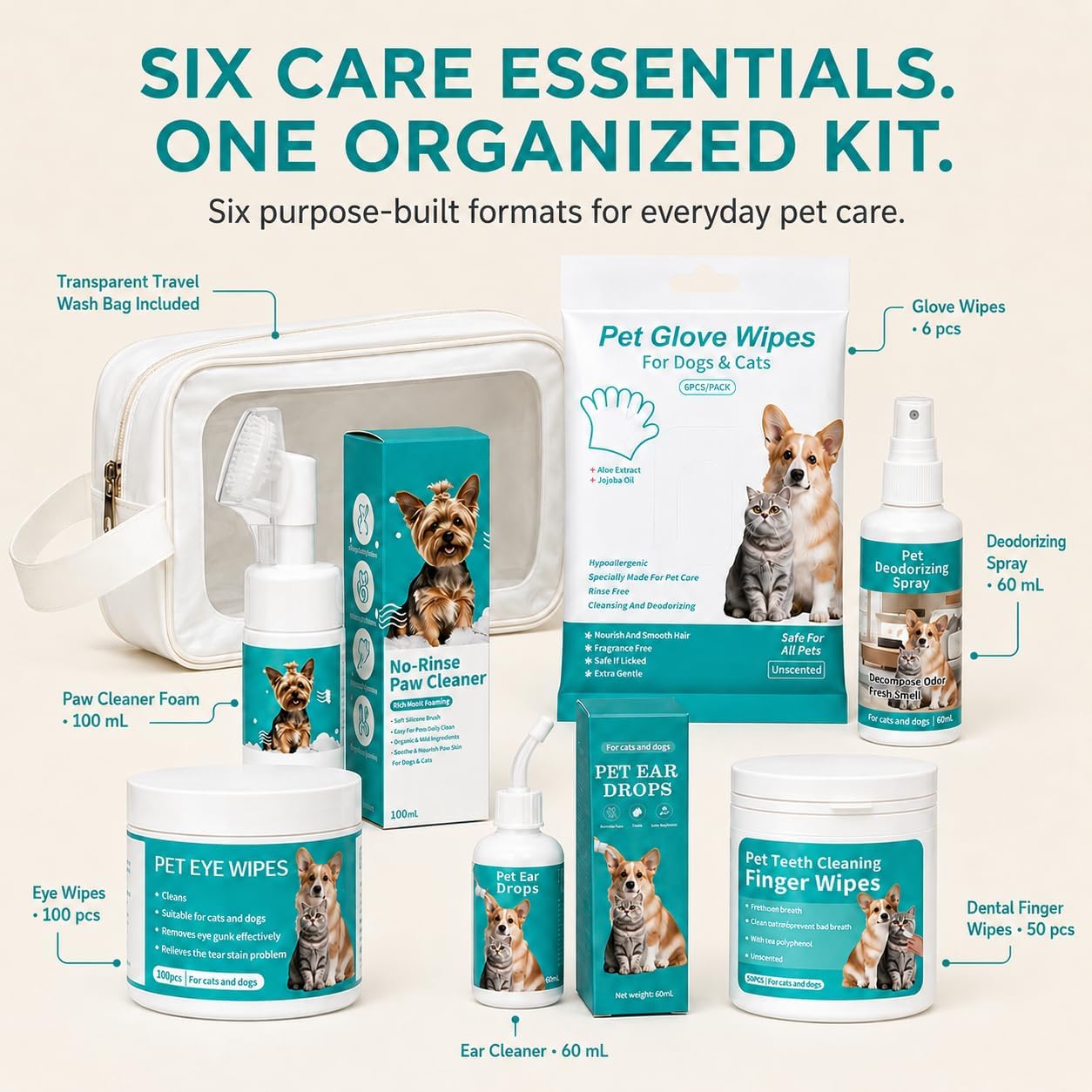 6-in-1 Dog Grooming Kit - Ear Cleaner, Paw Foam, Eye & Dental Wipes
