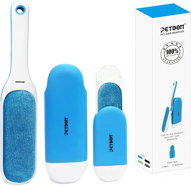 PETDOM Pet Hair Remover Brush - Integrated Sturdy Handle & Self Cleaning Base - Cat Dog Fur Lint Removal Brush for Clothes Furniture (Blue, Travel Size Include)