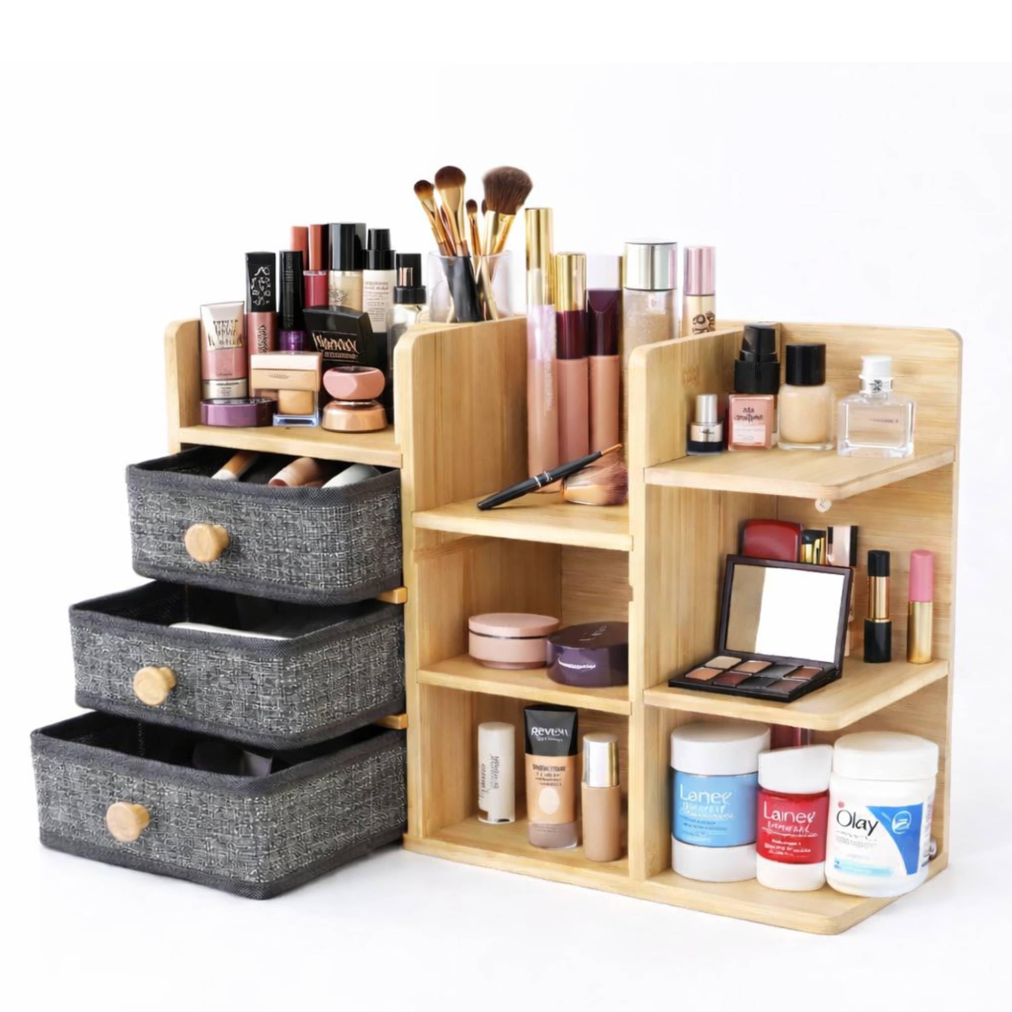 Topvaleur Bamboo Makeup Organizer Storage Drawers, cosmetics organiser Large Capacity dressing table organiser for Lipsticks, Skincare Nail Care, Jewelry, skincare organiser & vanity organiser