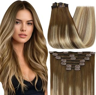 Full Shine Clip in Hair Extensions Human Hair Brown Balayage to Ash Brown Mix Honey Blonde And Lightest Blonde Straight Human Hair Extensions Clip ins 20 Inch Double Weft Clip in Extensions 120 G