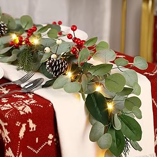 2 PCS 6ft Prelit Artificial Eucalyptus Christmas Garland, Multi-Color Lights/Battery Operated, Lighted Christmas Garland for Mantle Table Stairs Railing Xmas Indoor Outdoor Decoration