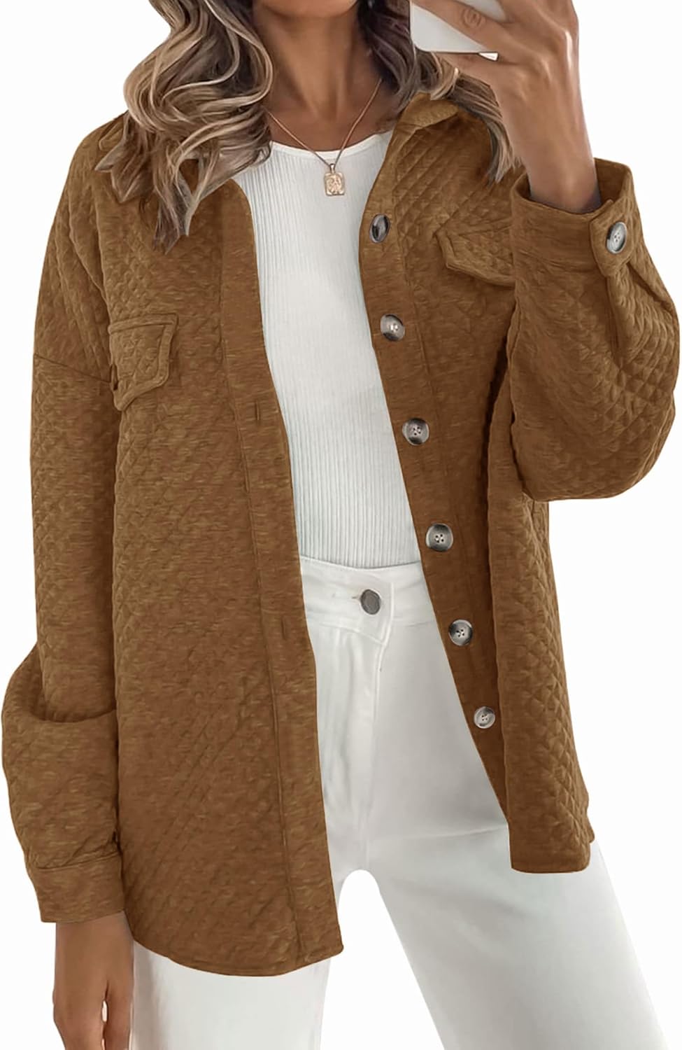 Muchpow Women's Casual Button Down Jackets Long Sleeve Loose Outwear Lapel Coats Tops with Pockets