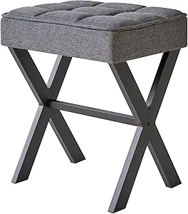 IBUYKE Square Makeup Stool with X-Leg Foot Rest, Linen or Synthetic Leather, Dark Gray
