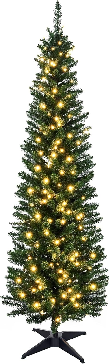HOMCOM 5' Pre-Lit Slim Noble Fir Artificial Christmas Tree, 110 LEDs