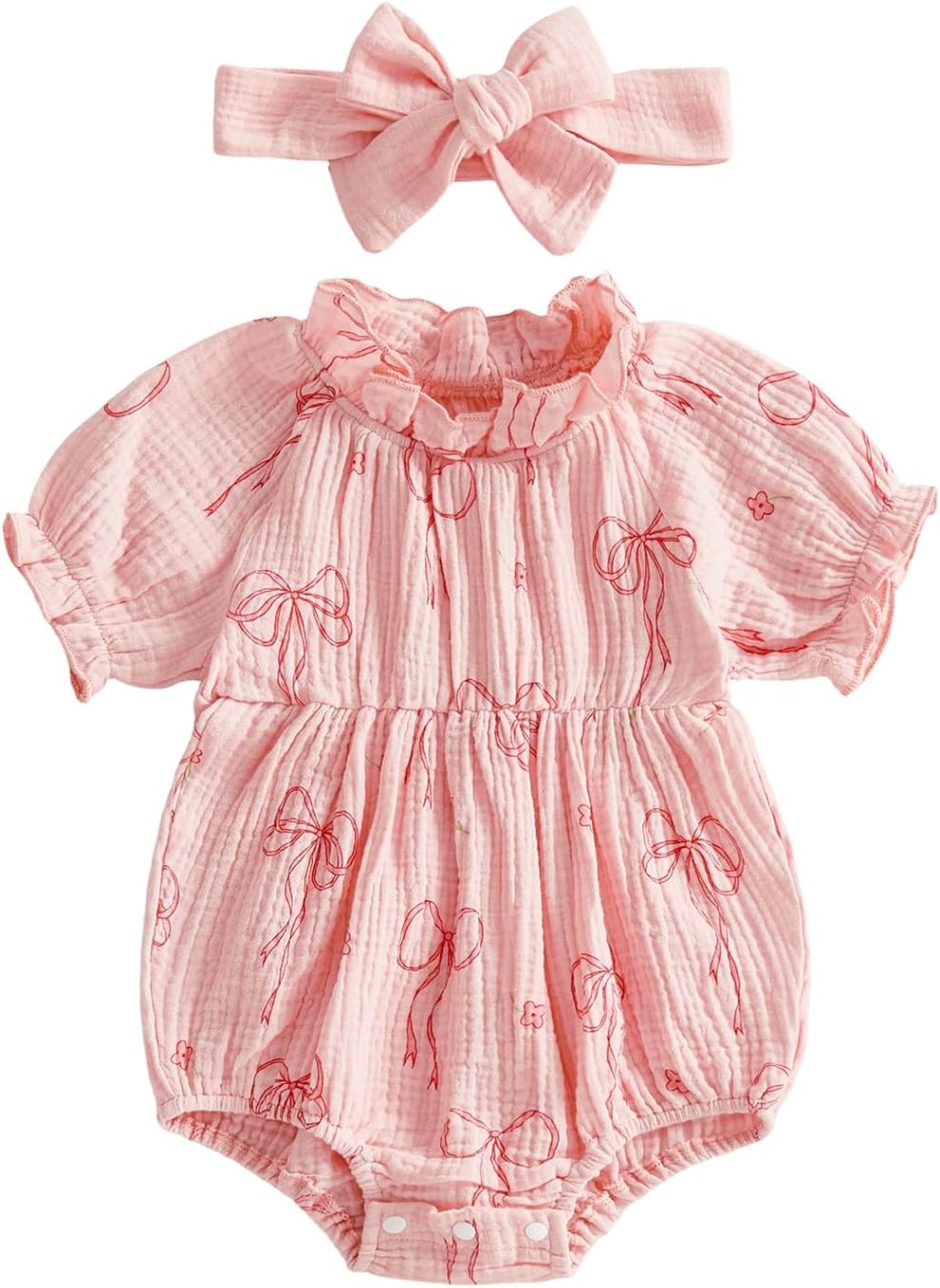 Newborn Baby Girl Clothes Bow Print Smocked Bubble Romper Cotton Linen Ruffle Onesie + Headband Cute Summer Clothes