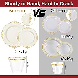 Nervure 350PCS Ivory Plastic Plates - Ivory Gold Plastic Dinnerware Sets for 50 Guests - 100 Gold Disposable Plates, 50 Pre Rolled Silverware Sets, 50 Cups Perfect for Wedding & Thanksgiving