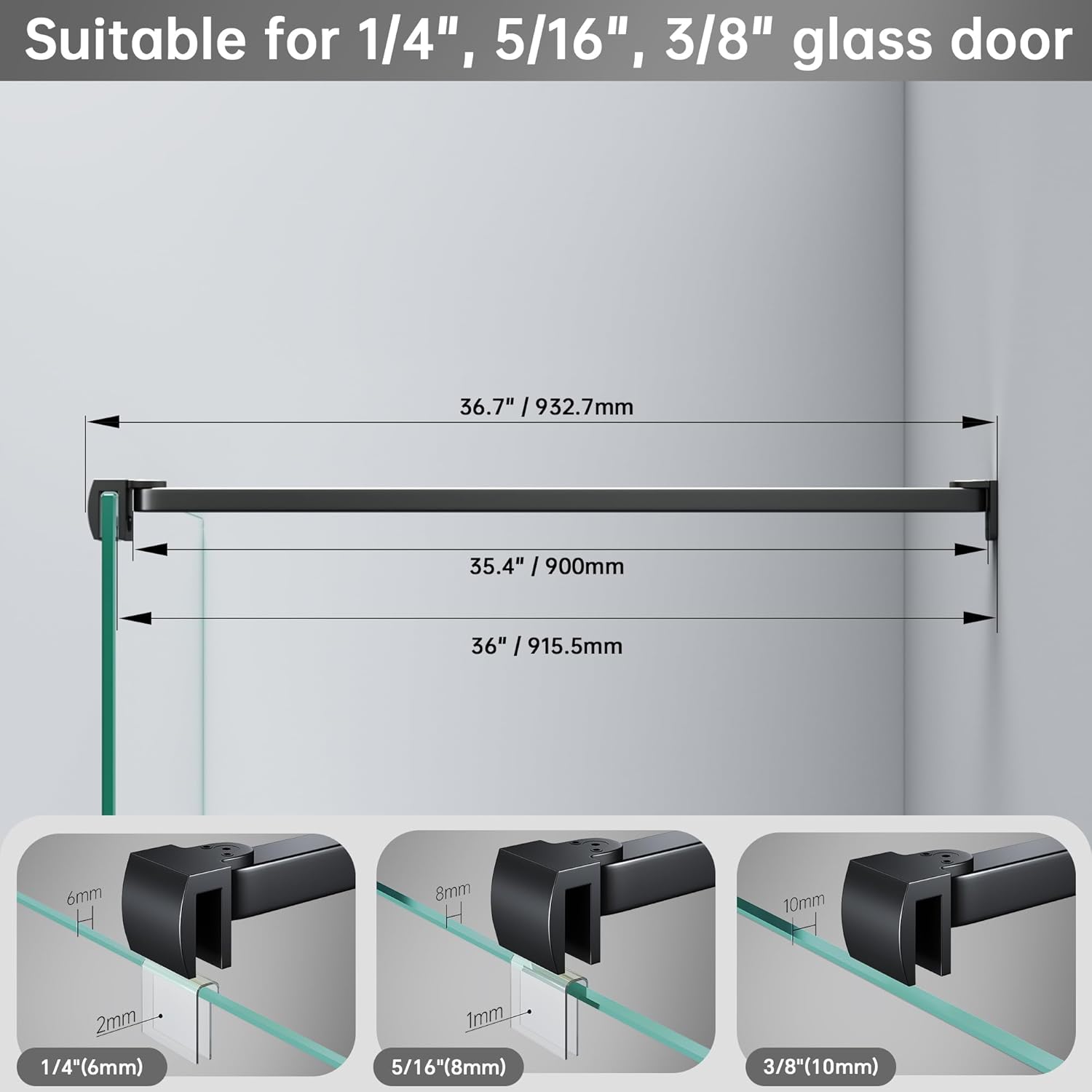 Frameless Shower Door Support Bar, Stainless Steel Wall-to-Glass Support Arm to Fixed Shower Glass Panel, for 1/4"-3/8" (6-10 mm) Door, 180° Pivot & Stow-Flat Mode (Matte Black, 35.4-inch(900mm))