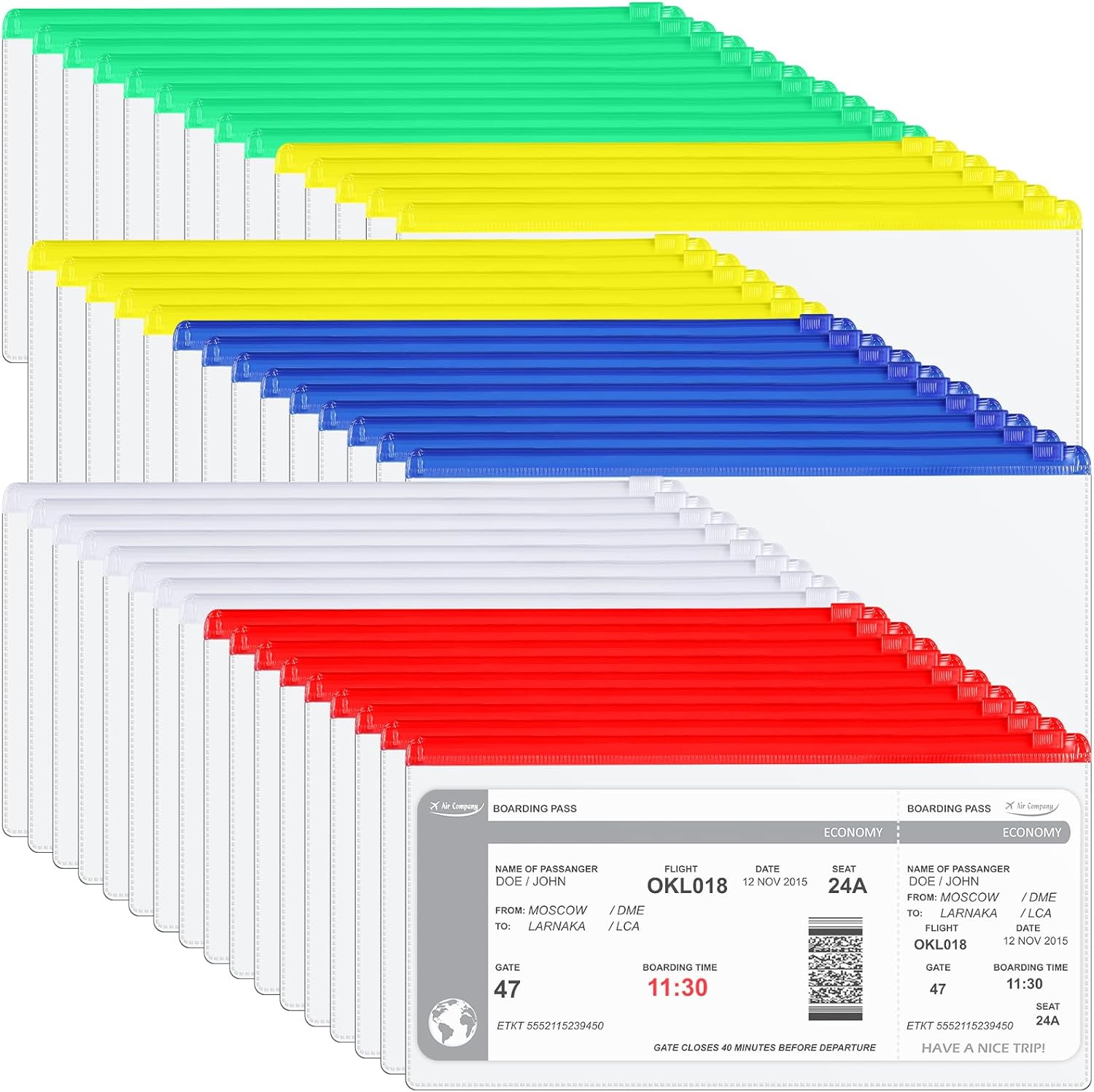Leinuosen 200 Pcs Clear Zip Envelope A6 Plastic Zip Envelope Waterproof Budget Cash 9.2 x 4.7inch Transparent Document Bag, 5 Assorted Colors Reusable Clear Pencil Bags for Office Supplies
