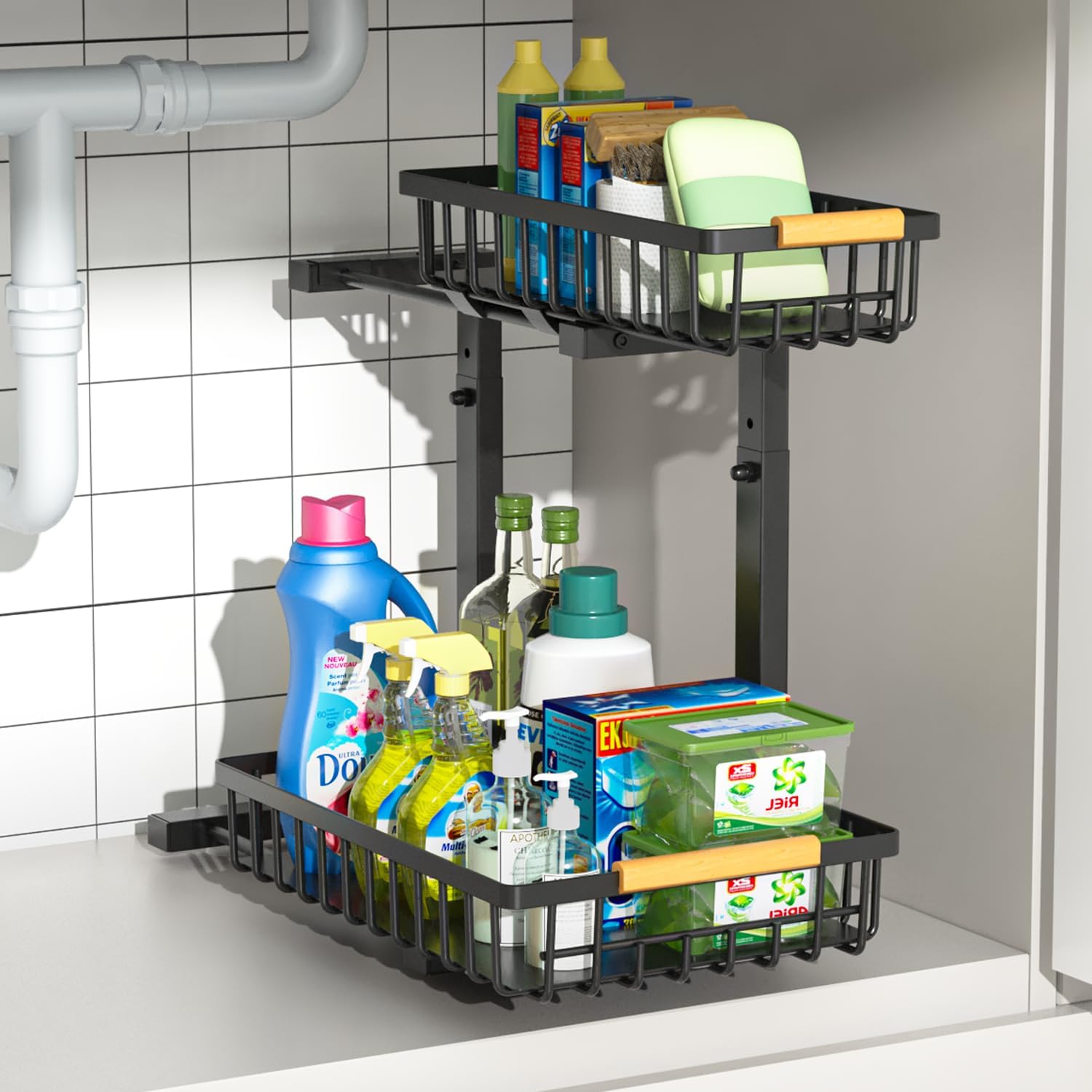 Merrylun Under Sink Organizers, 5 Adjustable Height,Metal Pull Out Under Sink Organizers and Storage Shelves with Sliding Drawer, Black 1pack（Hight 13.6″-16.9″）