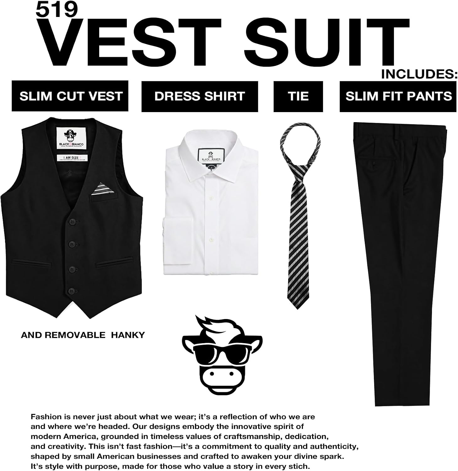 Black n Bianco Boys Five Piece Slim Fit Vest Suit with Tie, Shirt, Pants, Vest and Hanky. Style - 519