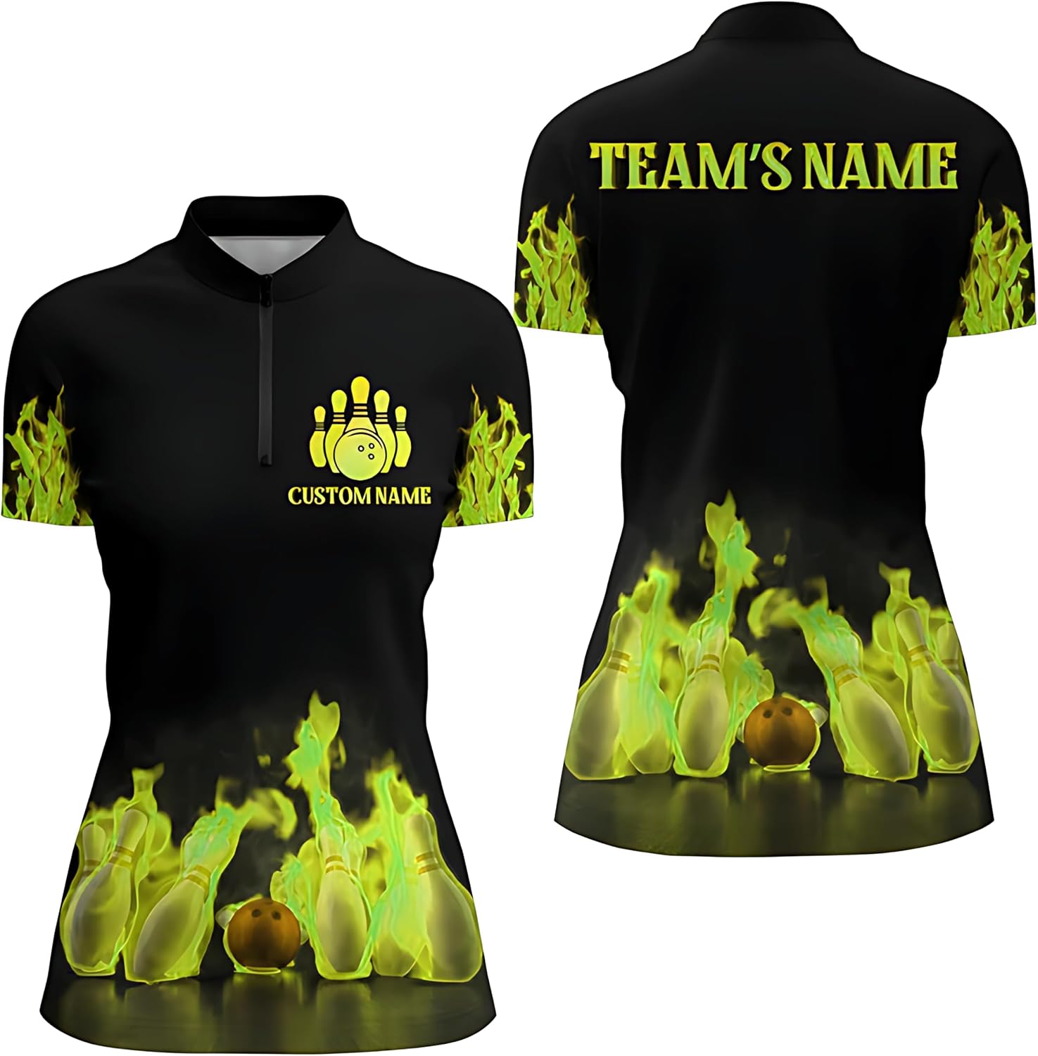 Personalized Bowling Shirt for Women - Fire Design with Name - League Women's Quarter-Zip Shirt N174 Black, Purple