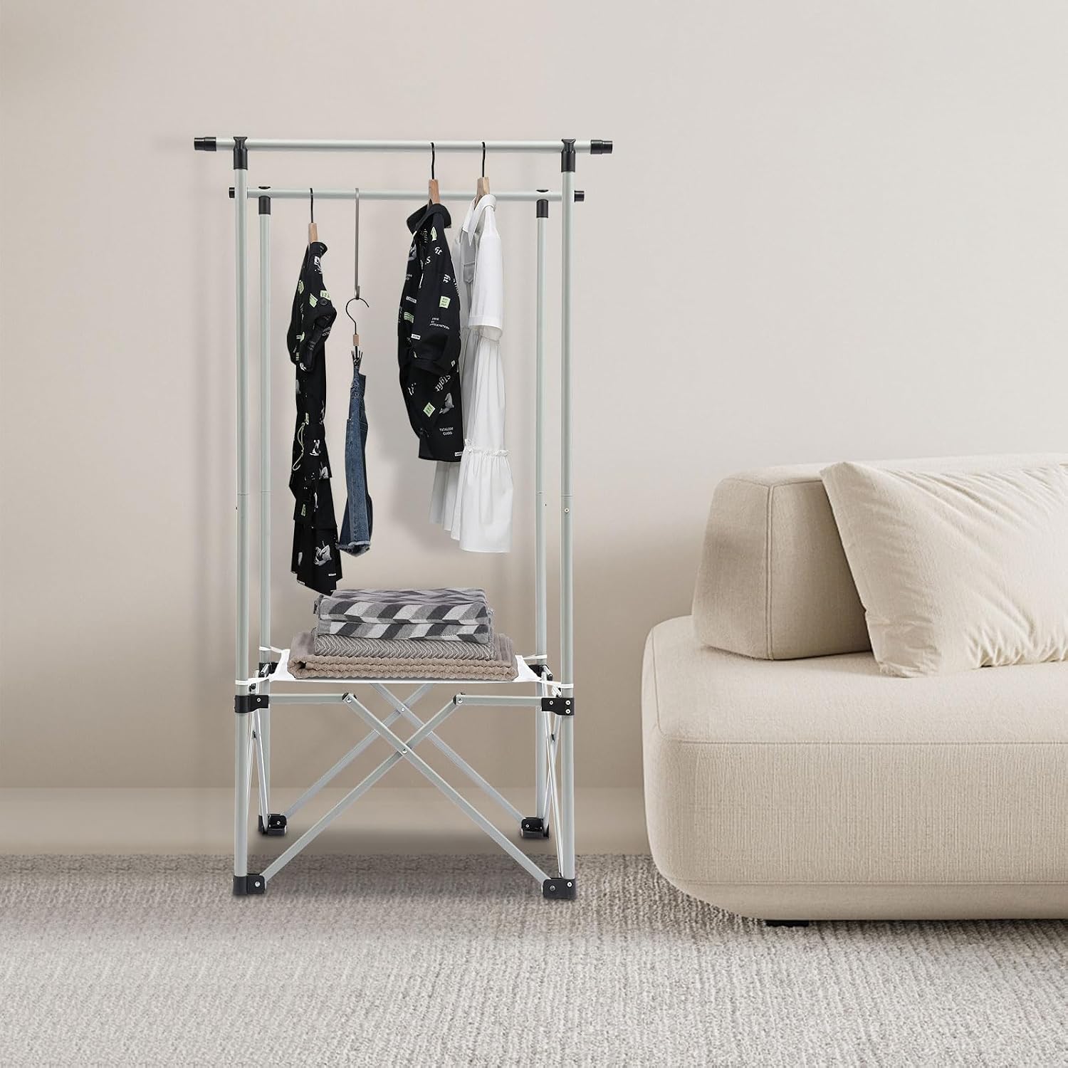 Folding Clothing Rack Expandable Laundry Stand Large Capacity Side Shelves Adjustable Closet Shelves Garment Rack for Indoor Outdoor Use (Silver Grey, Small)