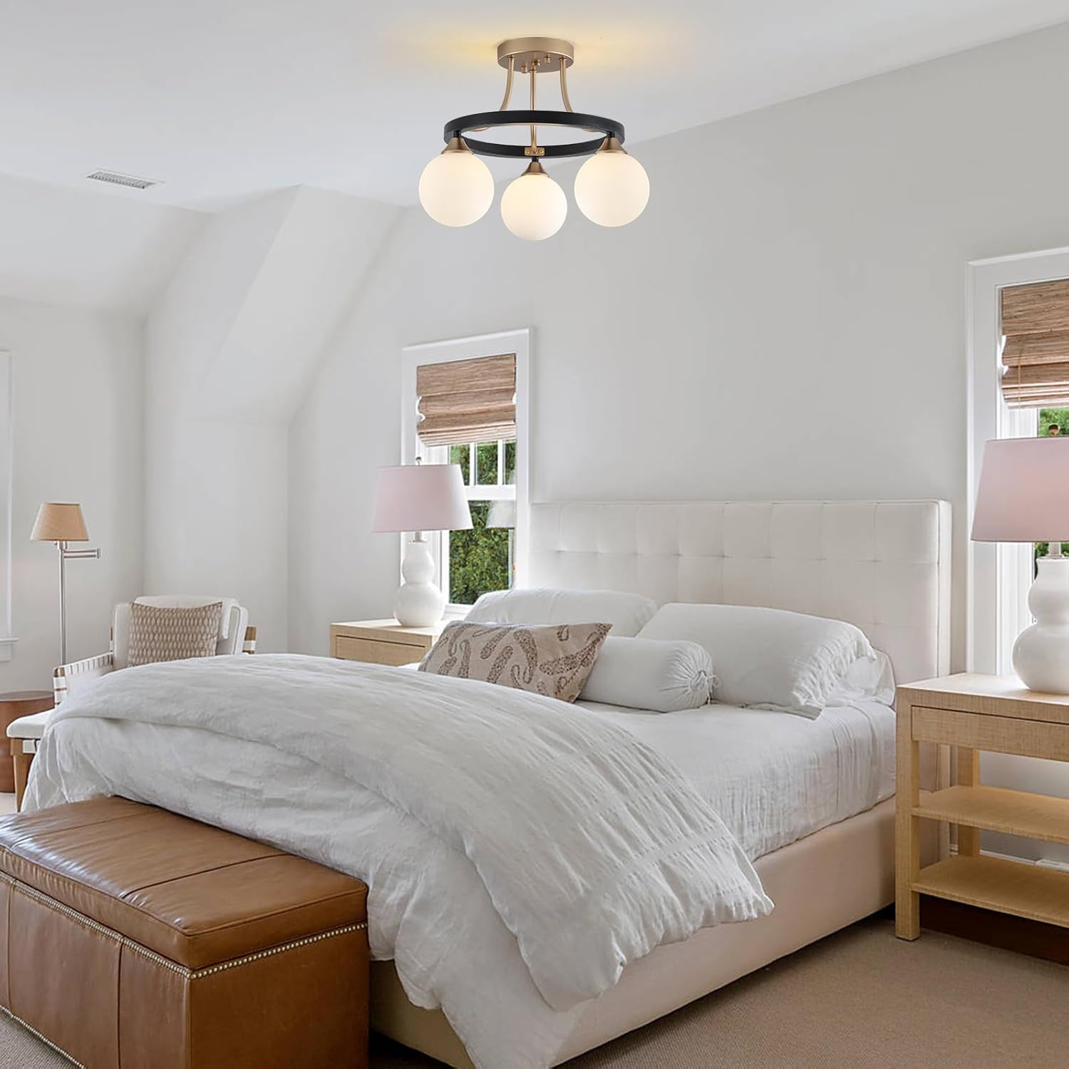 Black Gold Semi Flush Mount Ceiling Light Fixture, 3-Light Globe Bathroom Ceiling Lights Farmhouse Kitchen Lighting Fixtures Mid Century Modern Light for Entryway Hallway Foyer Bedroom