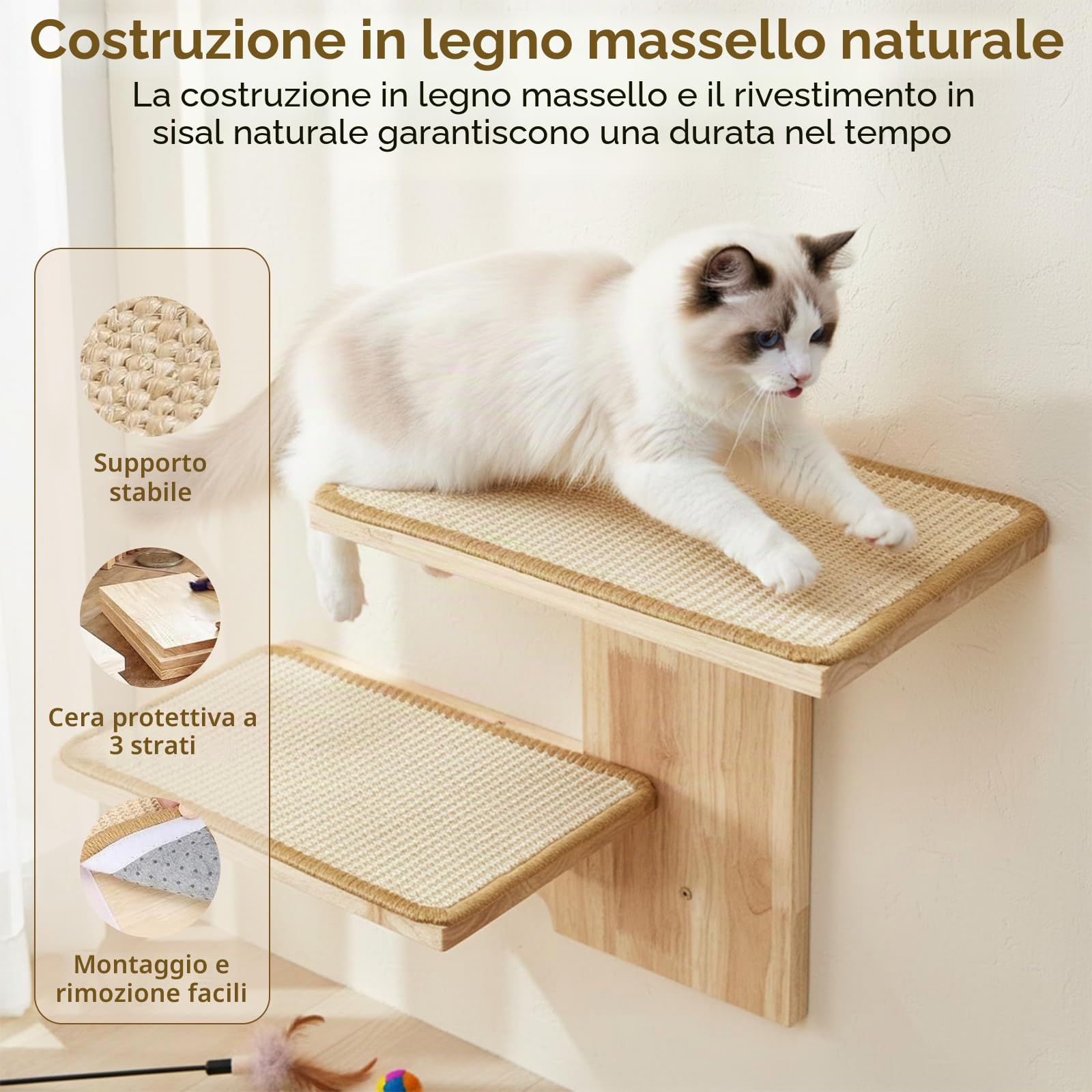 Mensole da Parete Percorso da Muro per Gatti con 2 Piattaforme, Parete da Arrampicata e Mensole da Parete per Gatti in Legno Massello, Tappetini in Sisal per Appartamenti Piccoli