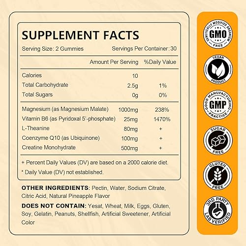 Miniatura 2 de Gomitas de malato de magnesio de 1000 mg, con L-teanina, CoQ10 y vitamina B6, suplementos de malato de magnesio para adultos y niños, apoyan la