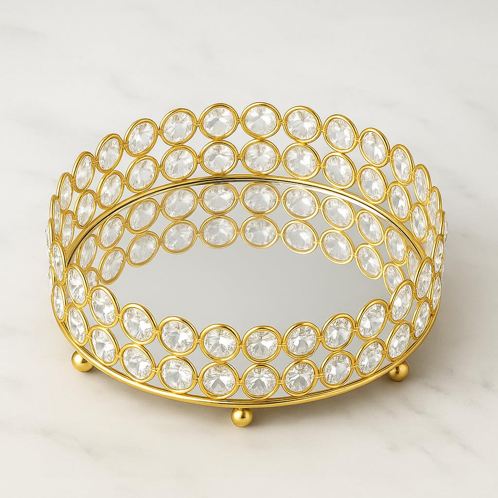 Crystal Round Mirror Tray for Decoration – Dining Table Item, Decor Tray for Living Room, Dining Decor & Table Accessories, Diwali Decor for Home, Karwachauth Thali & Festive Gift