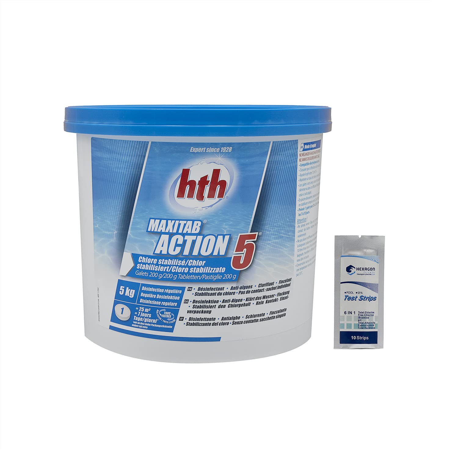 HTH MAXITAB Action 5 Galet 200g - 5kg | Chlore Lent Stabilisé Multiaction - Désinfection Régulière Multifonction - Dissolution Lente + 10 Tests HPS OFFERTS 6 en 1