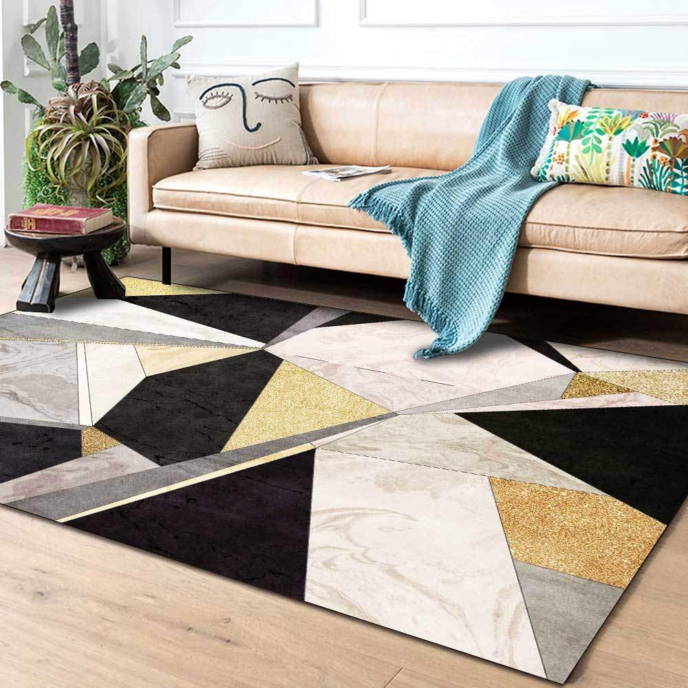 Tappeto Soggiorno 160 x 200 cm Lavabile Antiscivolo, Tappeto per Comodino Antiscivolo Camera da Letto Moderno Patchwork Geometrico Nero E Giallo