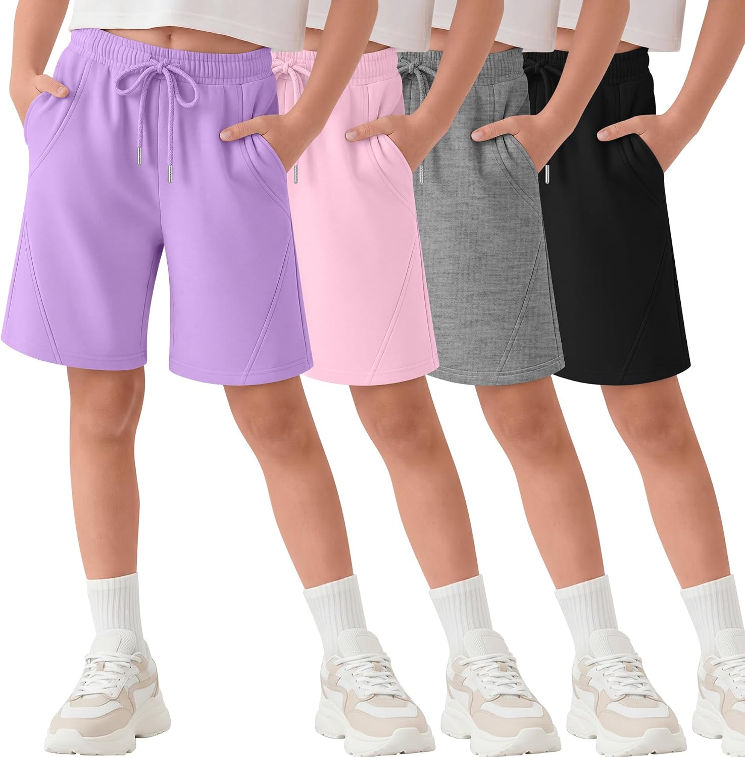 Halfchet 4 Pack Girl's Shorts Athletic Drawstring Sweat Shorts Waist Elastic Bermuda Basketball Shorts with Pockets 5-14Y