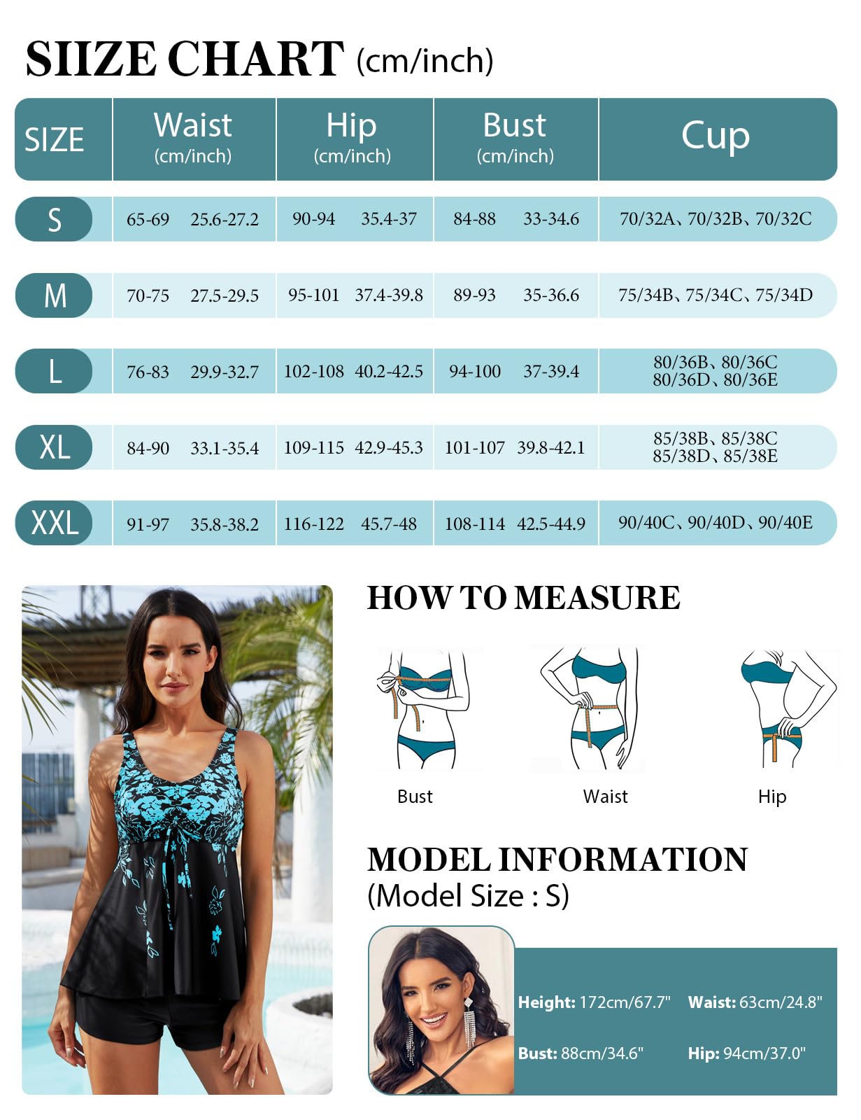 Nadeer Maillot De Bain Deux Pièce Tankini Imprimé Floral avec Grande Taille Haute Gainant Ventre Plat Réglable Boyshort Elégante Sexy Col en V Beachwear Maillot de Plag Swimsuit