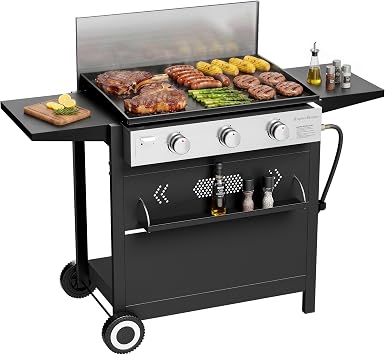 Captiva Designs Griddle Propane Gas Grill Detachable Table Top Grill | 28" Flat Top with Ceramic Coated Cast Iron Pan, 3-Burner Grills, 33,000 BTU Output for Outdoor Barbecue, Cooking and Party