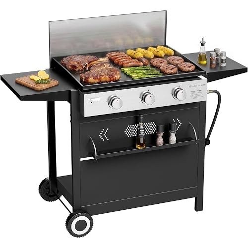 Captiva Designs 27 in Flat Top Griddle Grill with Ceramic Coated Cast Iron Pan, 3-Burner Propane Gas Griddle Grill, 33,000 BTU Output Flattop Grills for Outdoor Barbecue, Cooking and Party