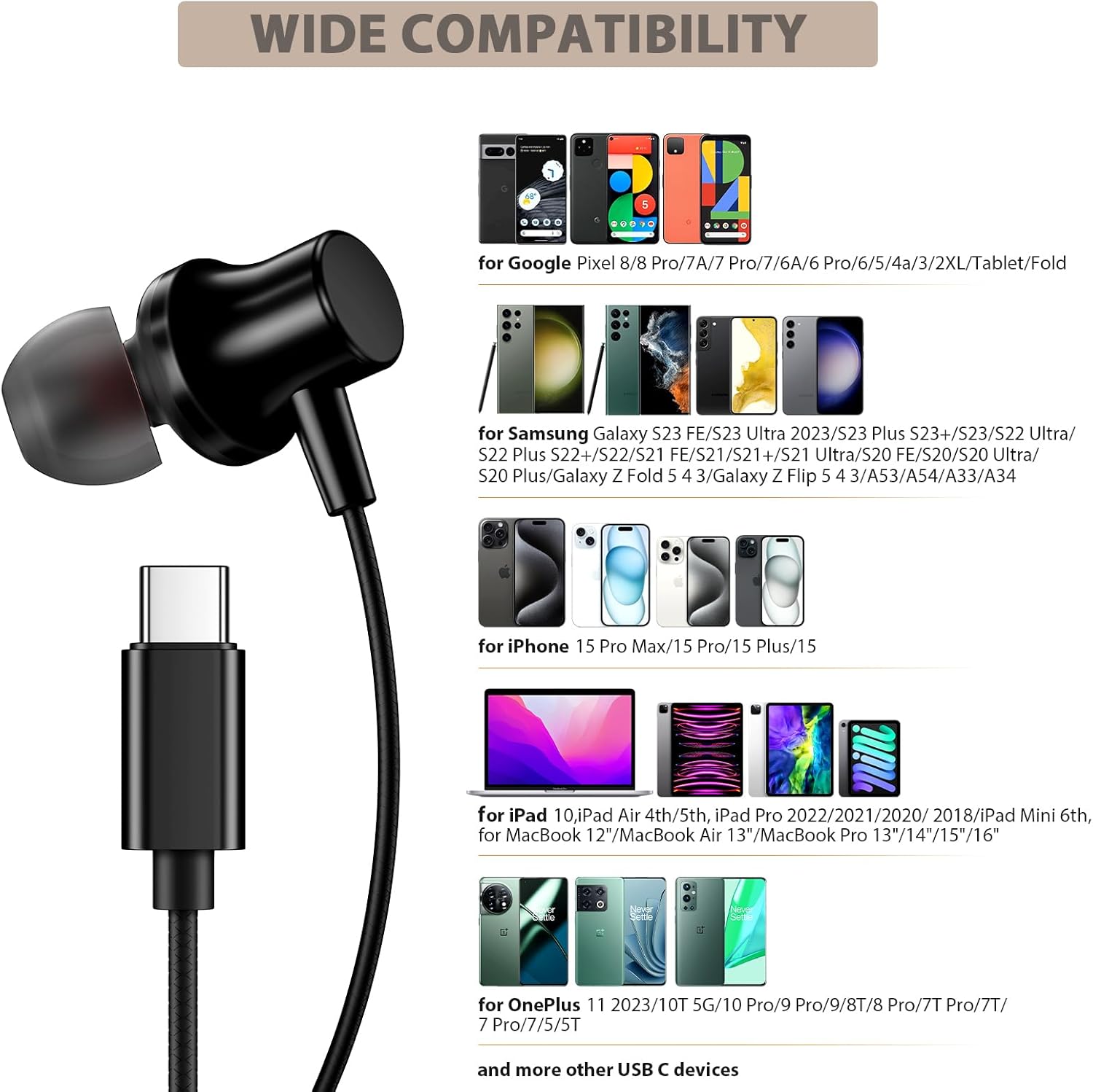 USB C Headphones for Samsung S22+ Ultra S23 FE, Type C Earphones with Microphone HiFi Stereo Volume Control Magnetic in Ear Wired Earbuds for iPhone 15 Pro Max Plus Galaxy Flip Fold 5 Pixel 8 7 Pro