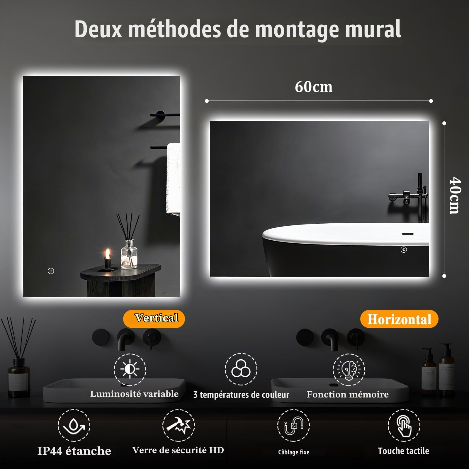 Miroir de salle de bain avec éclairage 40x60cm - Miroir de salle de bain LED avec éclairage, interrupteur tactile, variable, 3 couleurs de lumière, miroir mural LED pour salle de bain