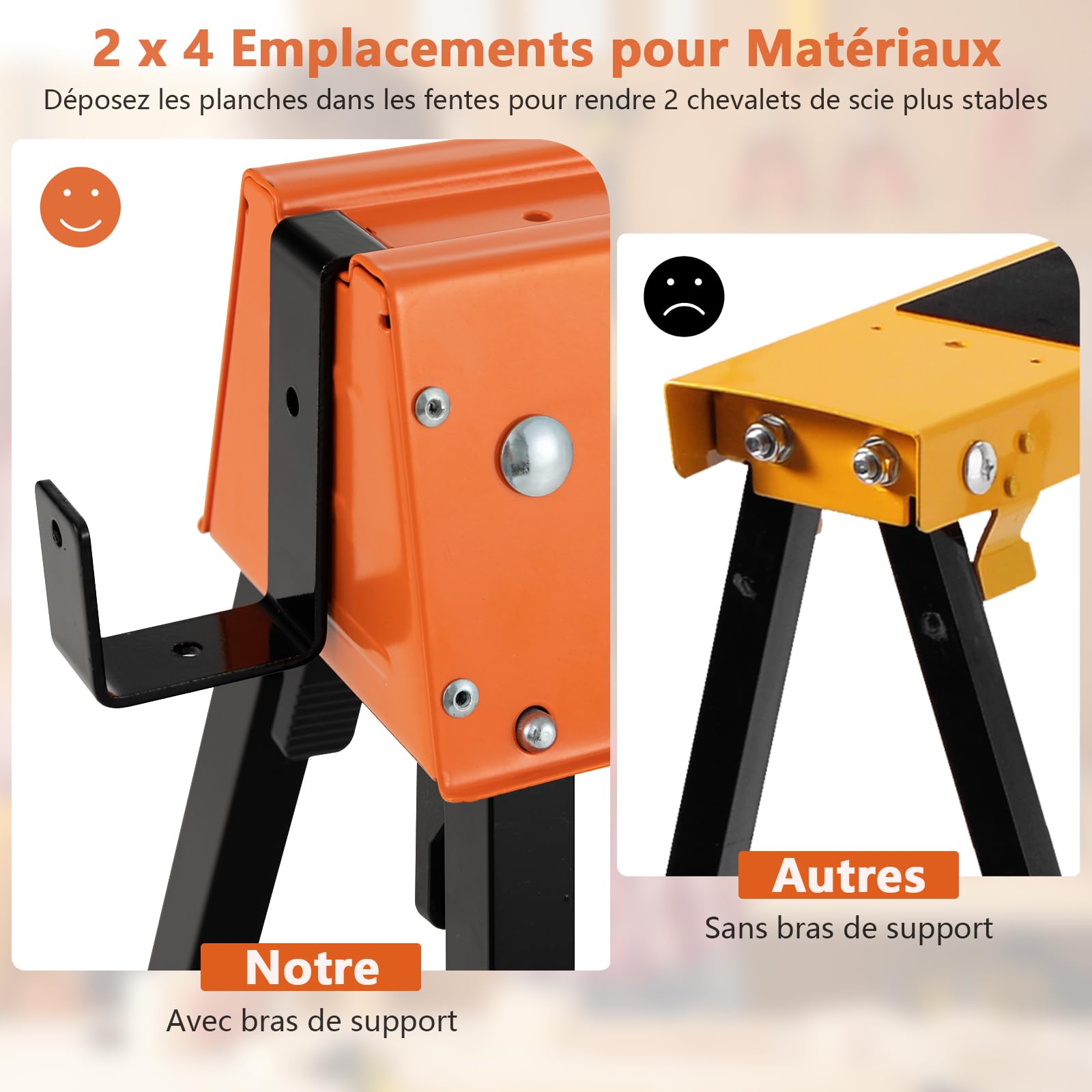 GYMAX Lot de 2 Tréteaux Pliables Métalliques, Chevalet de Sciage Professionnel avec Bras de Soutien de Bois, Poignée de Transport, Patin Antidérapant, pour Bricolage Atelier, Charge Max.600KG(Orange)