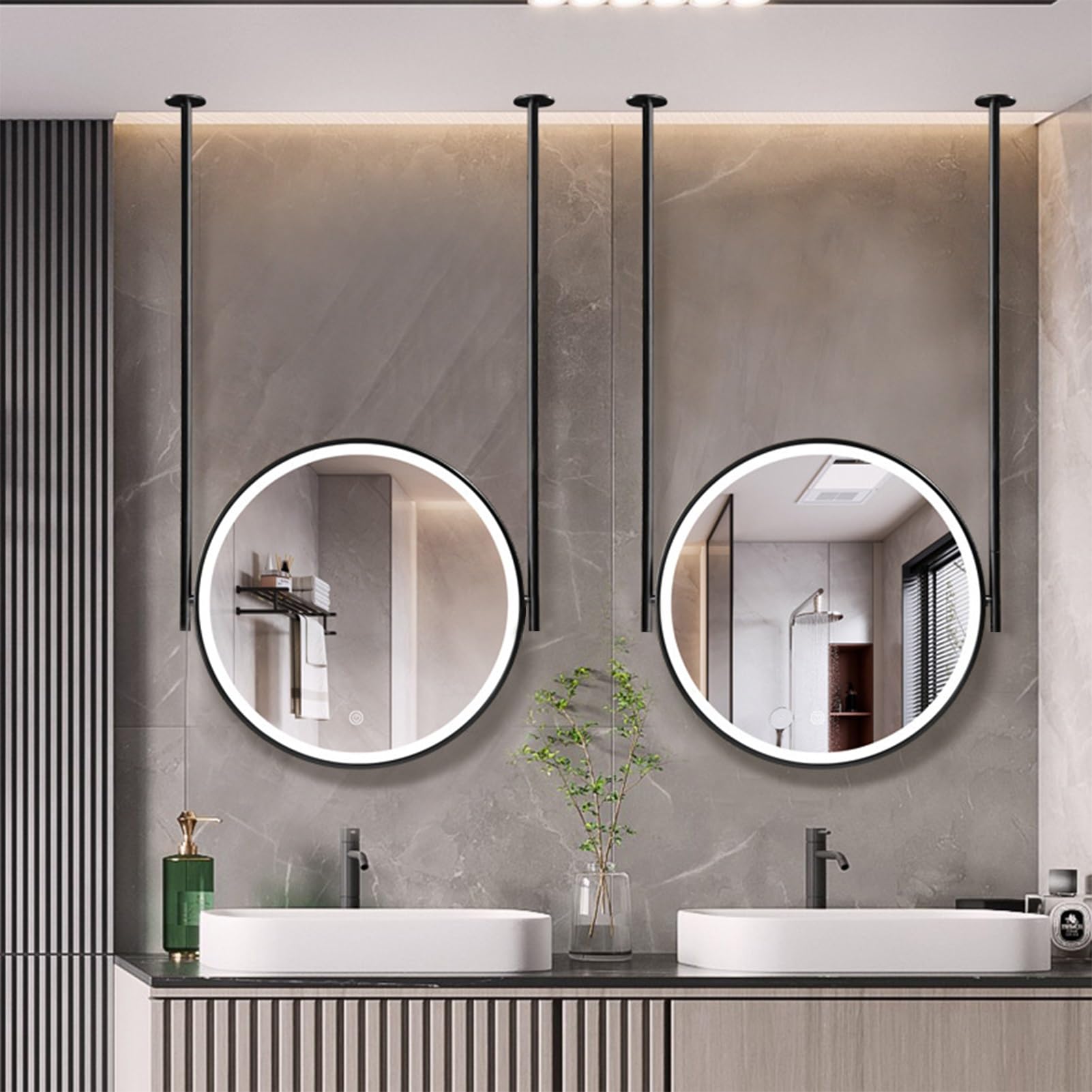 FGXHHS LED Wall Mirror Make-up Vanity Mirrors, Home Hotel Bathroom Hanging Rod Lighted Mirror, Black Round Ceiling Decorative HD Glass Mirrors - Customized(Diameter-40CM/15.7INCH)