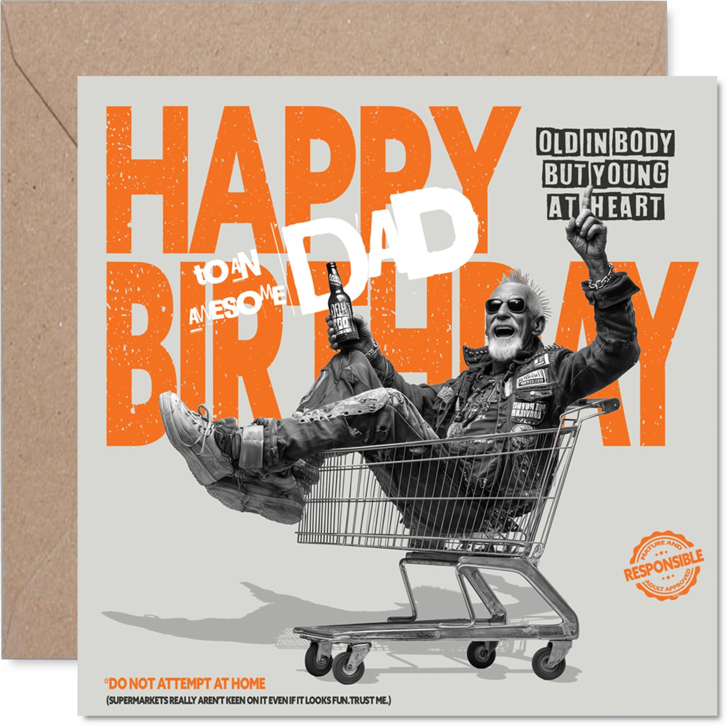 Cheeky Birthday Card for Dad - Rebellious Birthday Spirit - Humorous Dad Racing a Shopping Trolley Motif - Perfect for the Young-at-heart - 145mm Square, Envelope Included