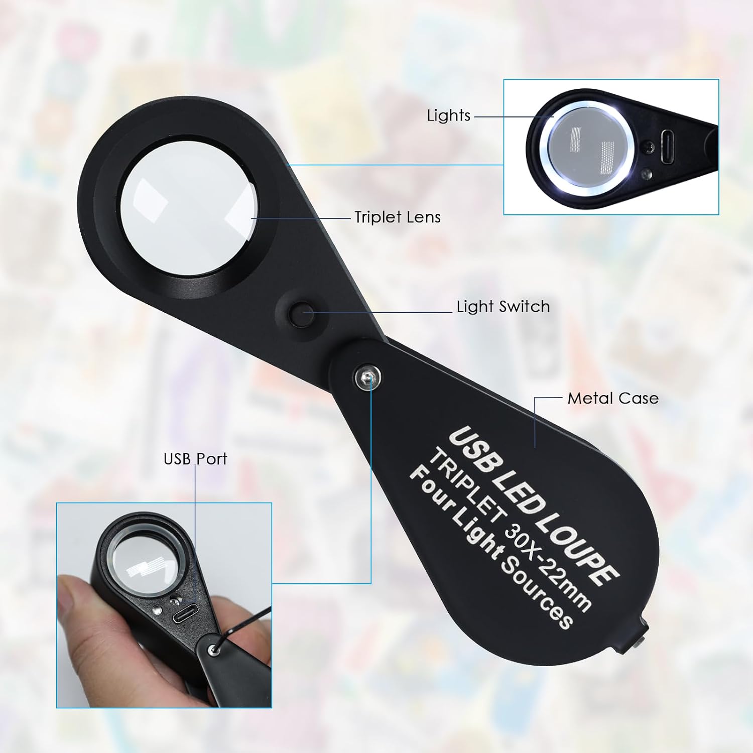 30X Jewelers Loupe with UV & LED Lights with Four Light Modes,22mm Portable Pocket Folable Loupe Jewelry Magnifier for Jewelry, Rocks, Coins（Black