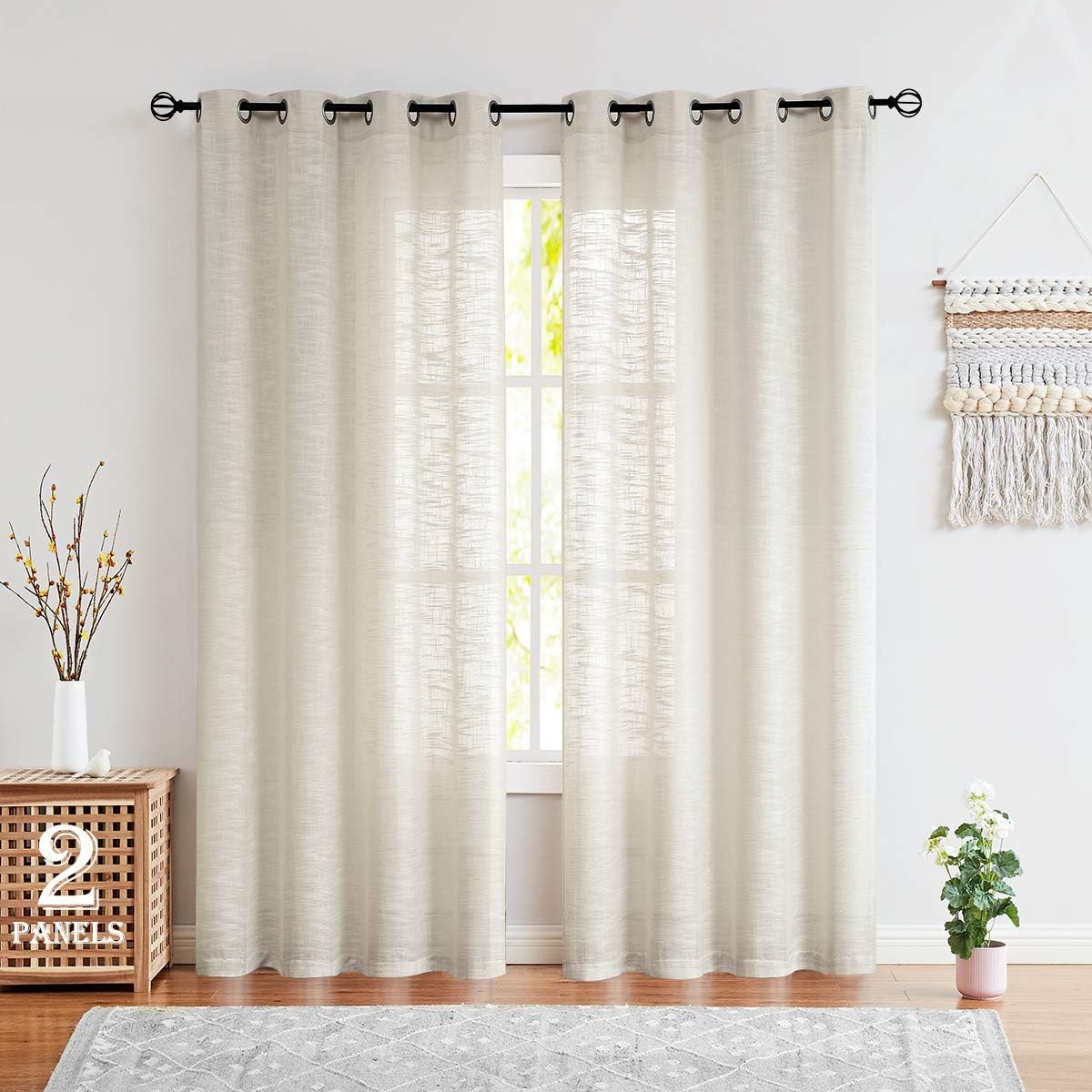 Fmfunctex Beige Sheer Curtains for Bedroom 72 Drop Linen Textured Eyelet Curtains for Living Room Semi Sheer Light Filtering Window Curtain Drapes for Dining Room 2 Panels - Image 3