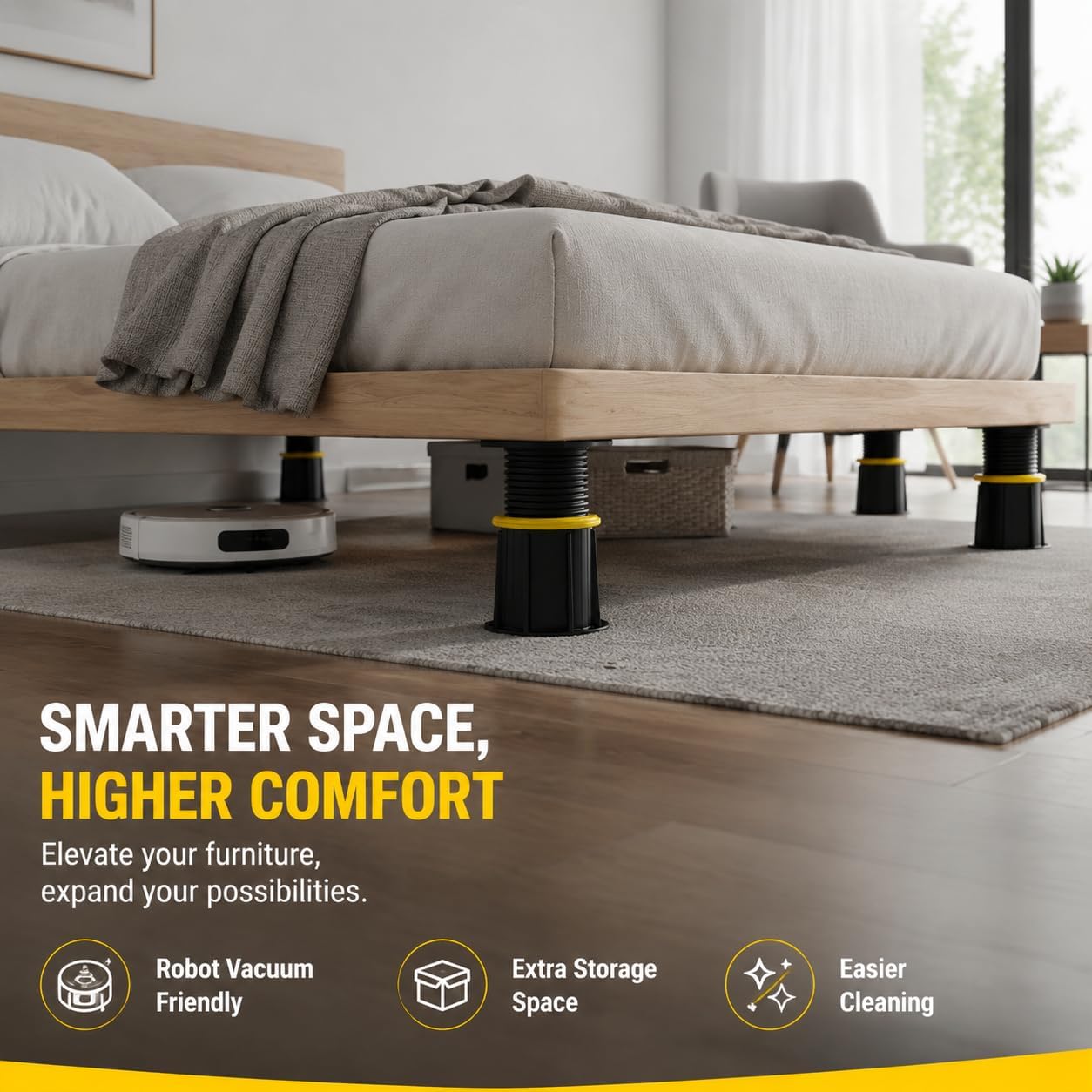 Adjustable Bed Support Legs 4.1–7.3 Inch, Low Profile Bed Frame Support Legs with Locking Ring, Bed Slats Support Leg for Platform Bed, Center Support Reinforcement Parts,2PACK (2, BLACK, ROUND)