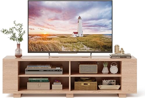 Miniatura 9 de KOTEK Soporte de TV de madera para televisores de 65 pulgadas, mesa consola con 8 estantes de almacenamiento abiertos, moderno centro de