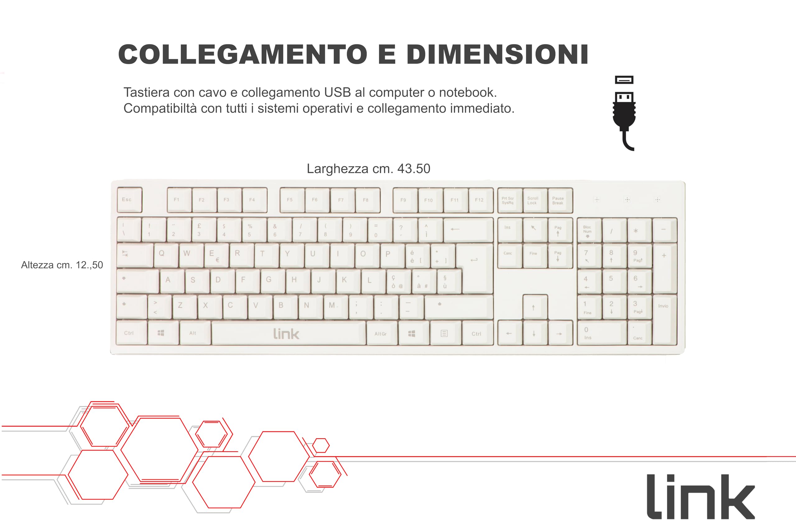 LINK Tastiera Italiana 105 Tasti Colore Bianco CONNETTORE USB