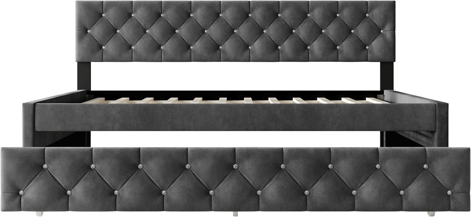 HOME DESIGN Darcey Velvet Upholstered Twin Daybed with Trundle, Tufted Guest Bed Frame, Modern Versatile Seating and Sleeping Solution – Dark Grey