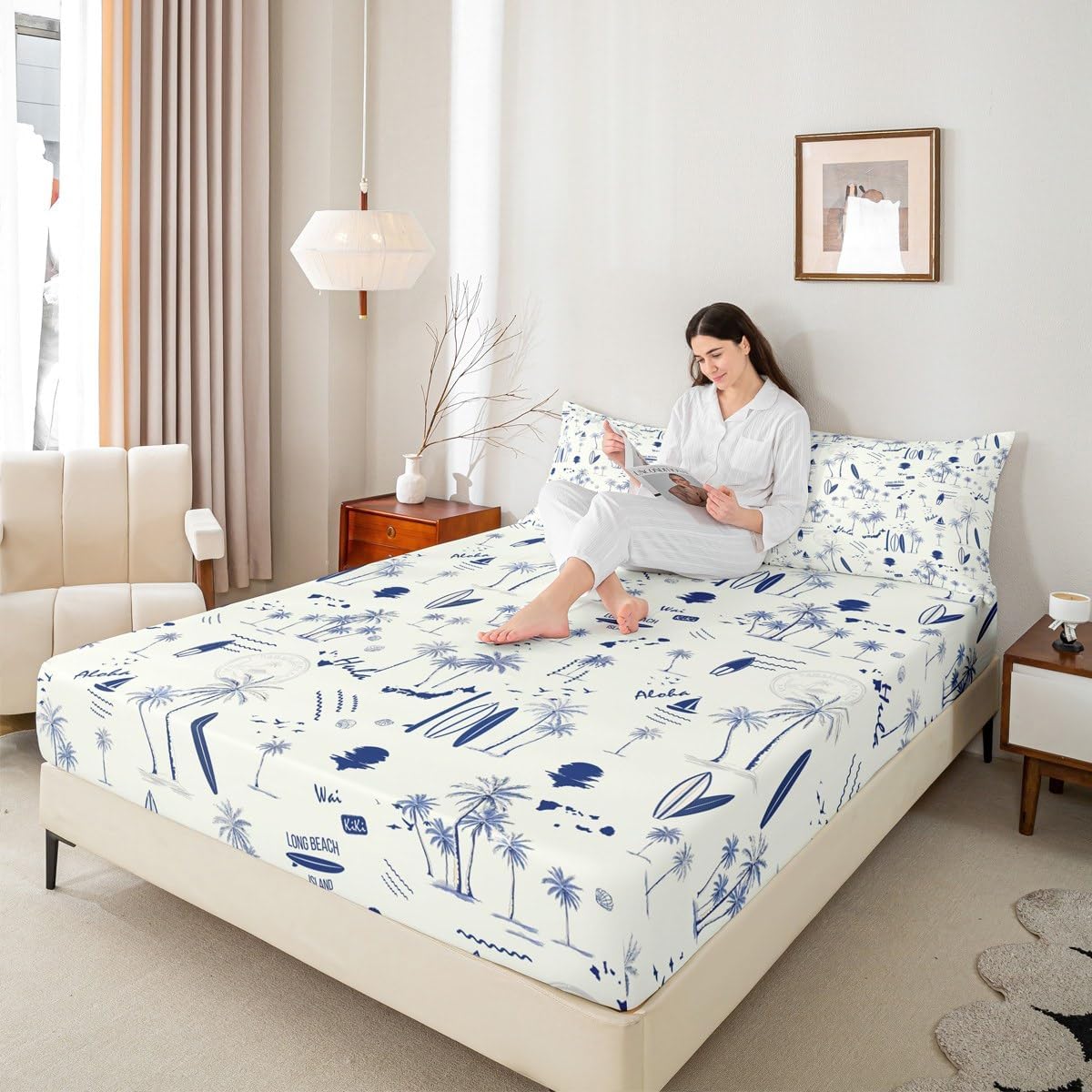 Coastal Beach Fitted Sheet Full Size,Surfboard Sailboat Palm Tree Bedding Set 3Pcs for Kids Girls Boys Teens Room Decor Summer Ocean Life Bed Sheet Navy Blue White Deep Pocket Sheet,2 Pillowcases