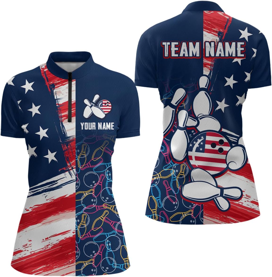 American Flag Bowling Shirts Custom Patriotic Bowling Polo Shirt for Men Women's Bowling 1/4 Zip Shirt