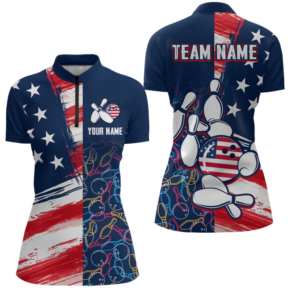 PIONAMZIOZ American Flag Bowling Shirts Custom Patriotic Bowling Polo Shirt for Men Women's Bowling 1/4 Zip Shirt (US, Alpha, Small, 5X-Large, Regular, Regular, Women Quarter Zip)