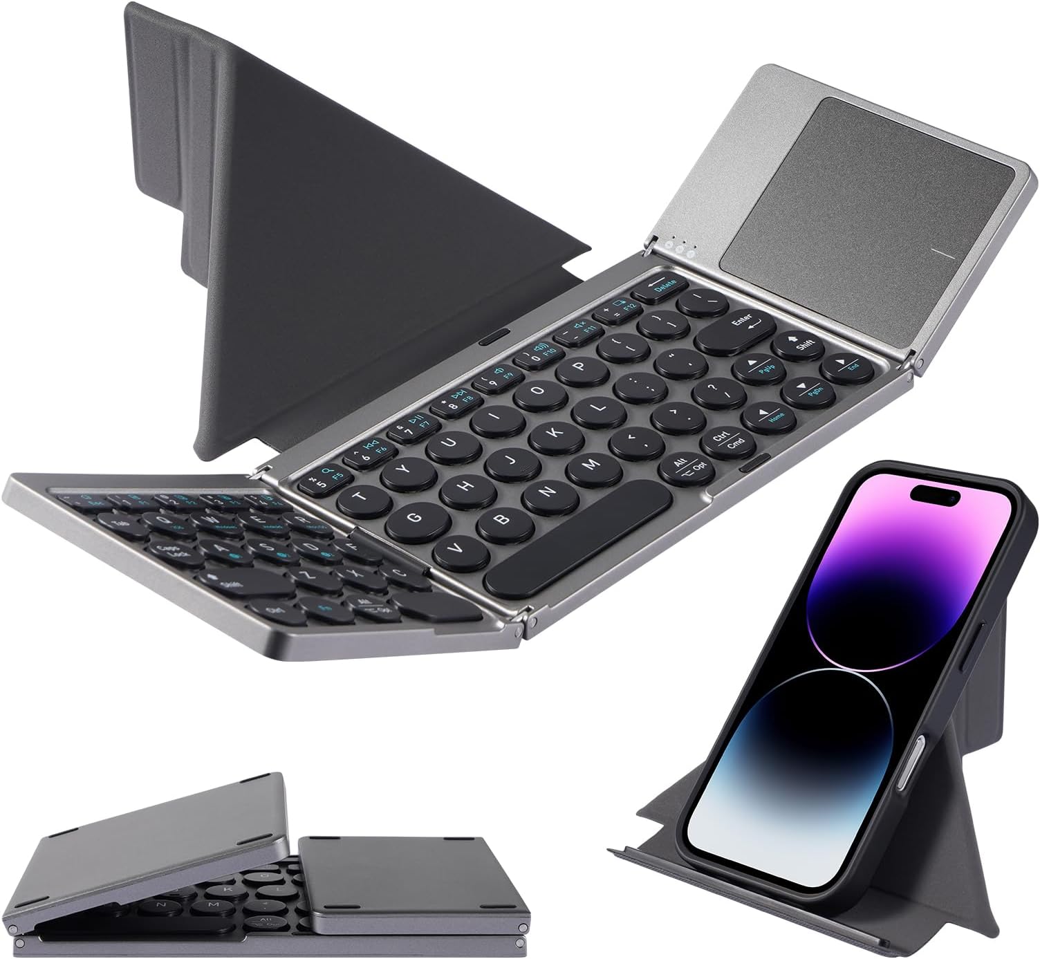 KF86 Foldable Bluetooth Keyboard with Touchpad | Tri-Device Connection (iOS/Android/Windows/Mac) | Includes Magnetic Stand | 3-in-1 Portable Wireless Travel Keyboard | Mini Keyboard for iPhone